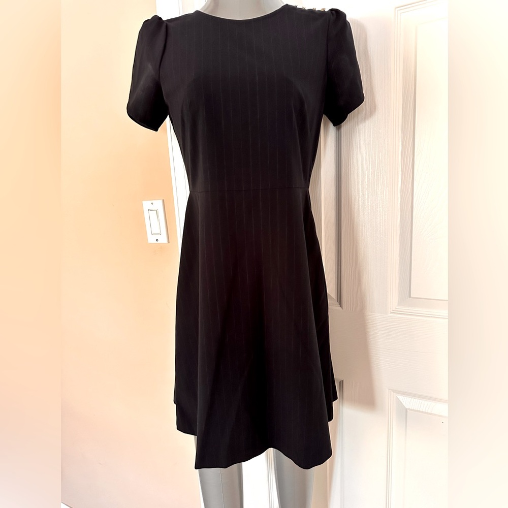 Ann Taylor LOFT navy blue dress with pin stripes.
